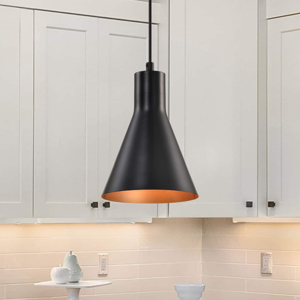 1-Light Matte Black Metal Cone Hanging Kitchen Pendant Light