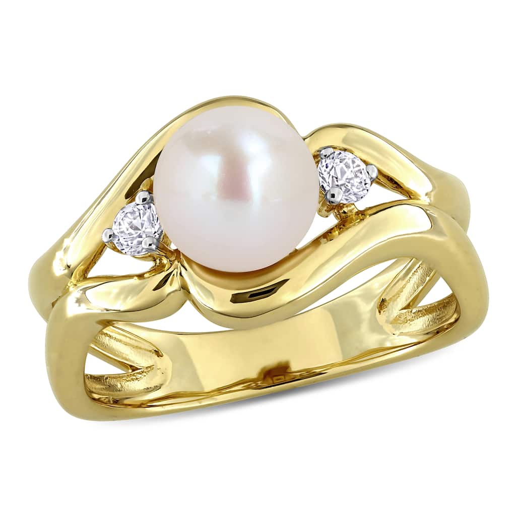 Miadora Cultured Freshwater Pearl 1/5ct TGW Created White Sapphire Ring Yellow Silver