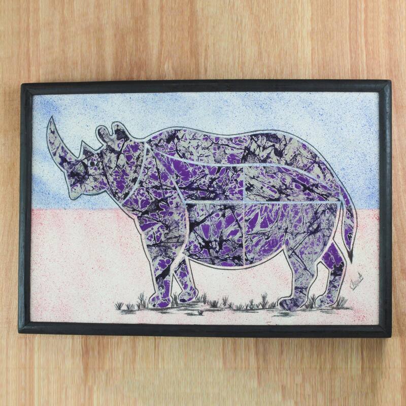 Novica Handmade Rhino At Dusk Cotton Batik Wall Art