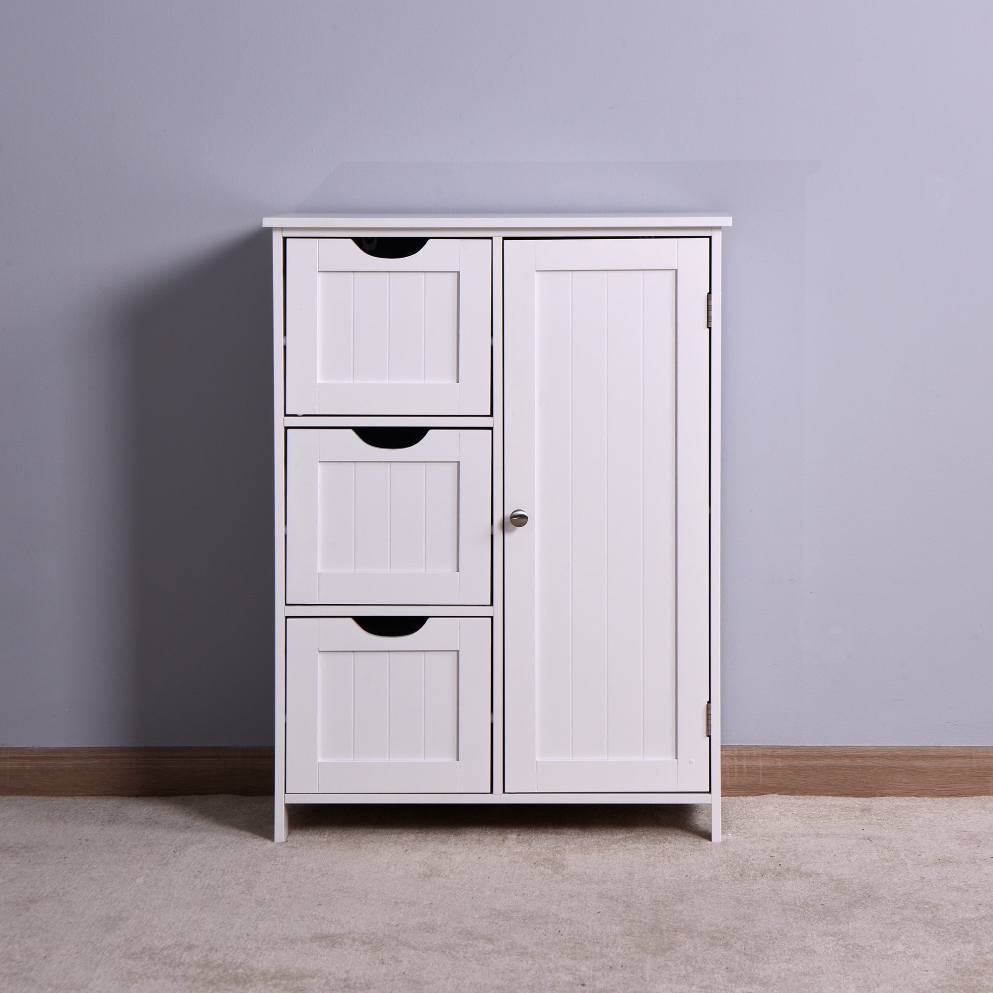 Costway Bathroom Floor Cabinet Side Storage Cabinet with 3 Drawers and 1  Cupboard White