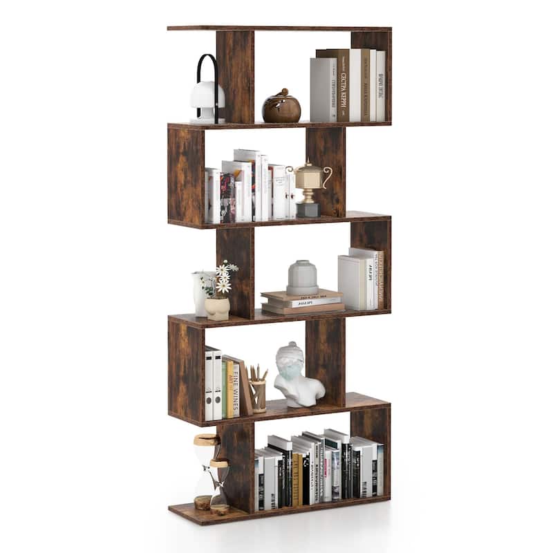 5-Tier Bookshelf S-Shaped Bookcase Room Divider Storage Display Shelf - Brown