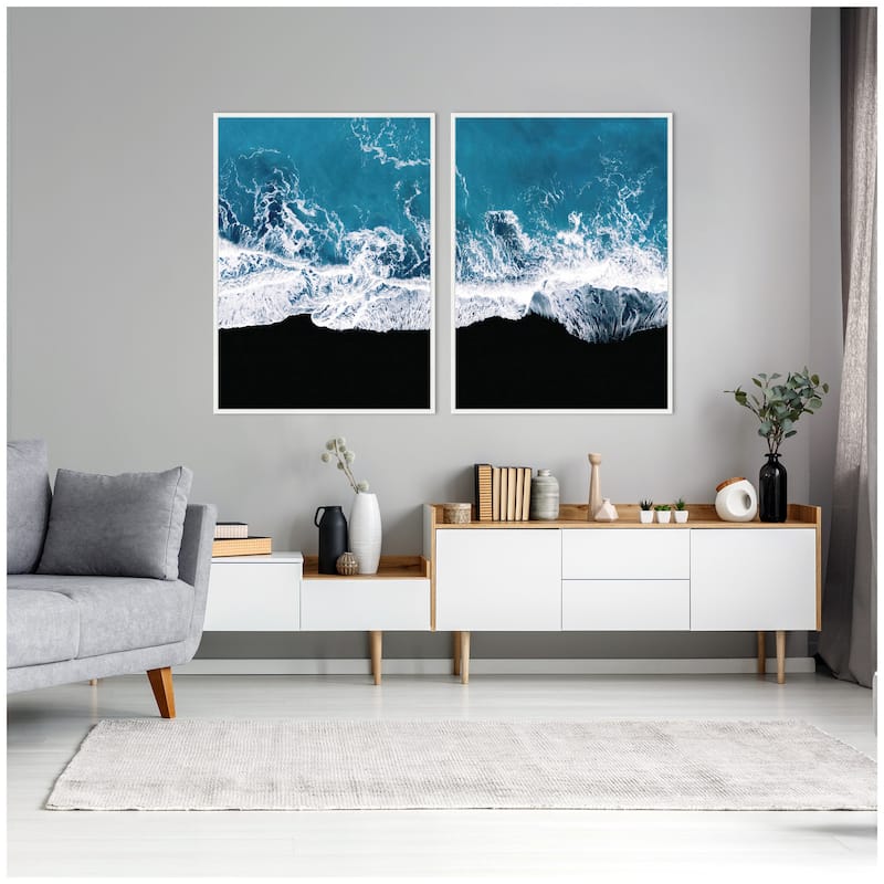 Kate and Laurel Sylvie Minimalist Ocean Waves on Beach Framed Canvas Art Set by Michael Schauer