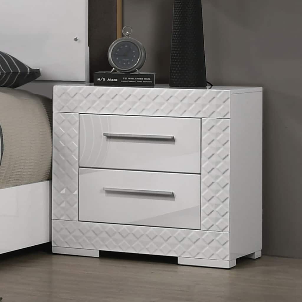 White 1pc Nightstand High Gloss Finish Chrome Bar Handle Bedside Table