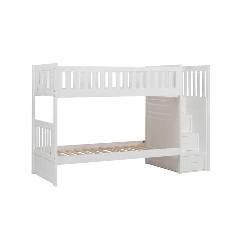 Catherine Twin over Twin Bunk Bed, Storage Step, White Veneer, Solid Wood