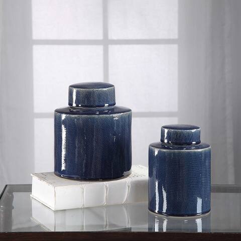 Uttermost Saniya Ceramic Jars with Lift Off Lids - Set of (2) - Sapphire Blue