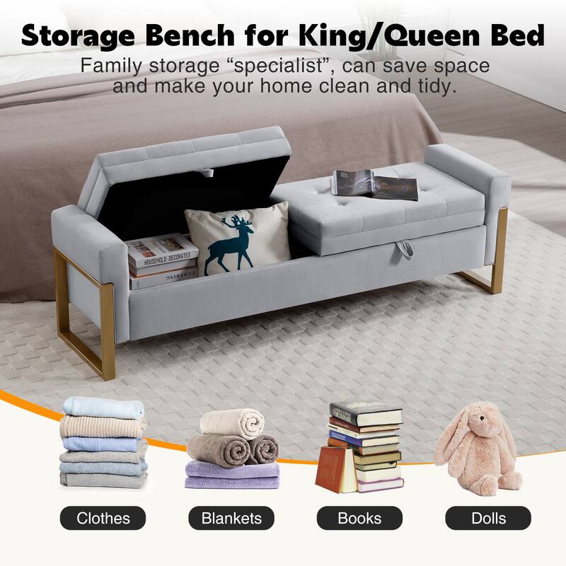66" Storage Bench King Size End of Bed with Double Lids and Gold Legs