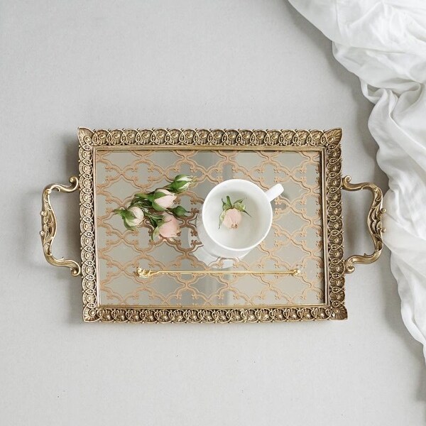 FloralGoods Carving Frame Floral Pattern Mirrored Brass Tea or Vanity Tray