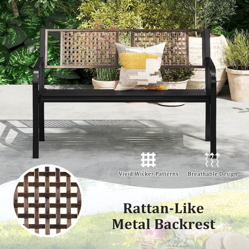 50" Outdoor Metal Park Bench Garden Slatted Bench for 2-3 People