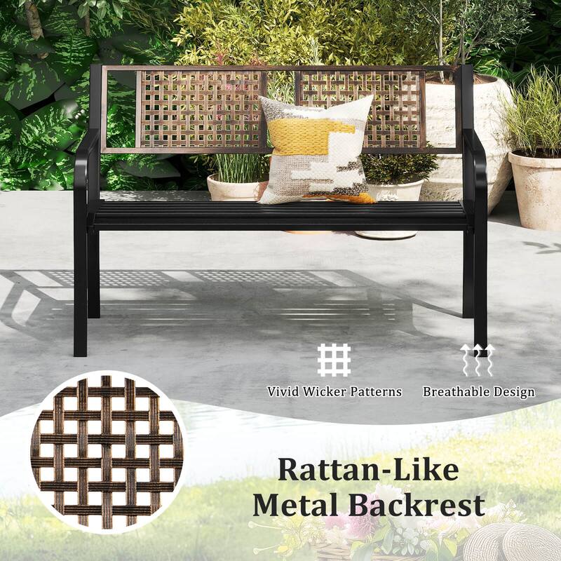 Costway 50" Outdoor Metal Park Bench with Rattan-Like Backrest & - See Details