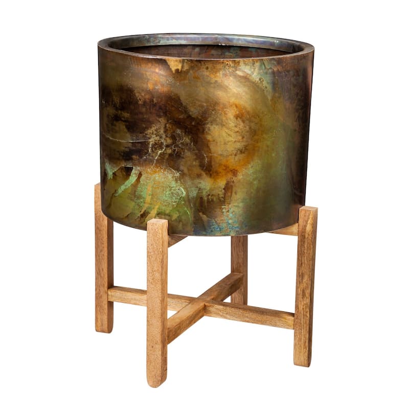 Metallic Patina Planters With Wood Stand (2-Pack)