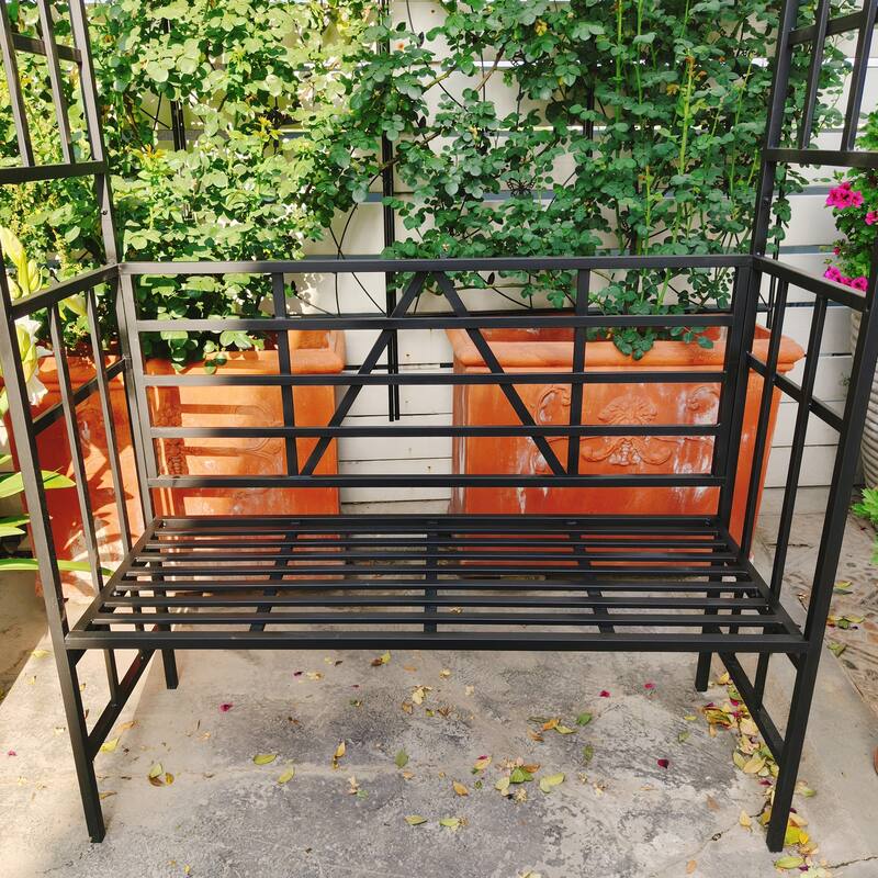 Anmytek Black Metal Garden Arch with Bench and Flower Stand for Climbing Plants Rose Arbor