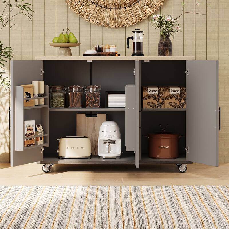 Kitchen Island with Drop Leaf, Kitchen Island on Wheels with Internal Storage Rack, Rolling Kitchen Cart with Towel Rack - Brown