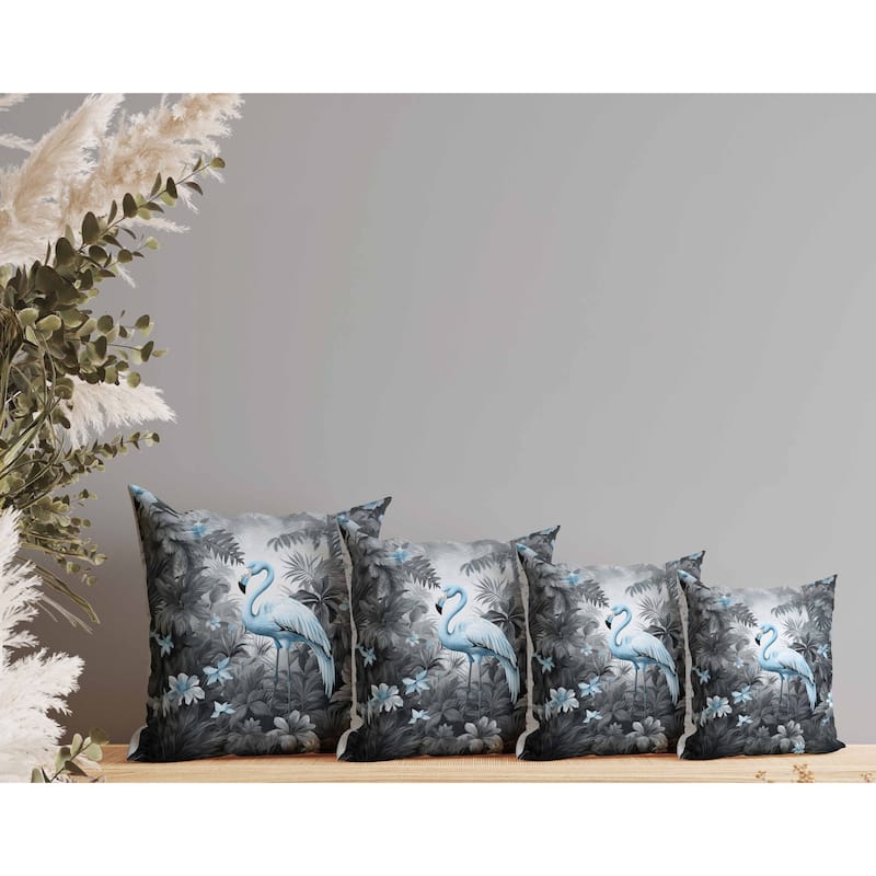 Tropical Flamingo Haven Indoor/Outdoor Reversible Throw Pillow Grey and Blue