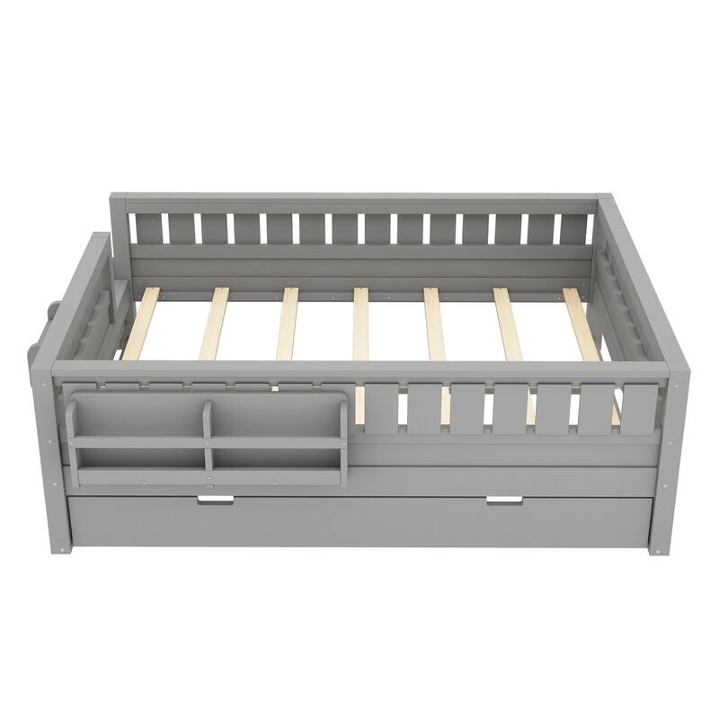 Full/Twin Loft Bed with Bookshelves, Safety Stairs & Trundle