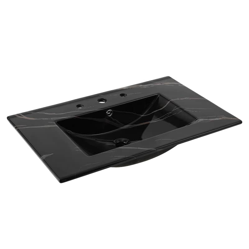 Aubert 3-Hole Classic Contemporary Rectangular Ceramic Single Sink Basin Vanity Top, by JONATHAN Y - 30 in. - Black Marble Effect