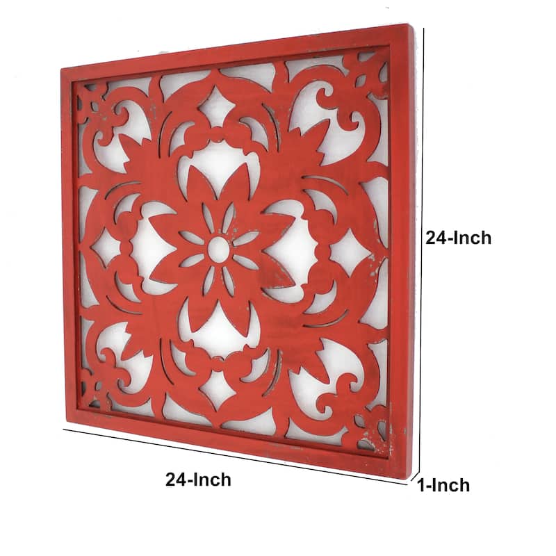 Set of 2 Square Wooden Floral Wall Plaque, Red