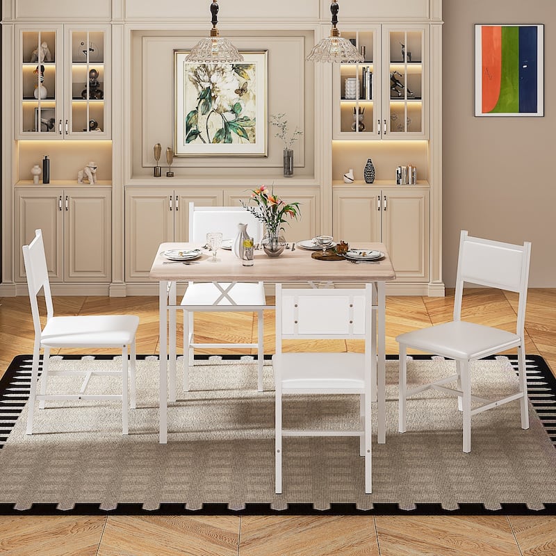 Javlergo 5-Piece White Frame Dining Set with Oak MDF Top PU Leather Chairs with Foam Padding Space Saving for Small Spaces