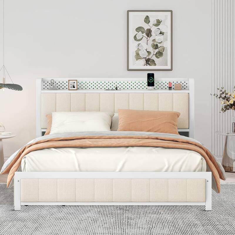 Contemporary Multifunctional Queen Size Linen Fabric Upholstered Platform Bed - Beige