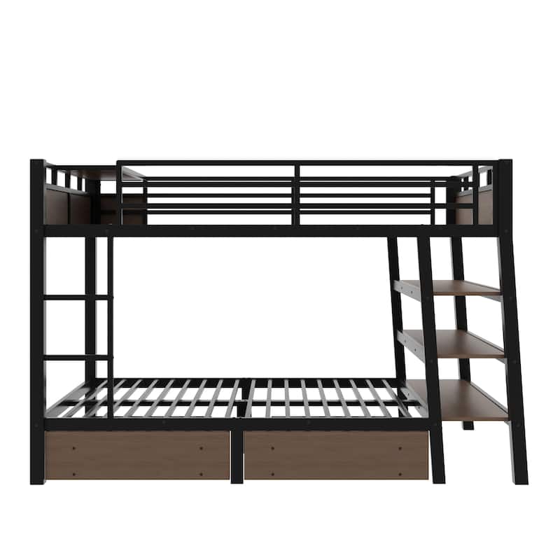 Full Size Metal Bunk Bed with Storage Shelves, LED light strip, and USB power strip