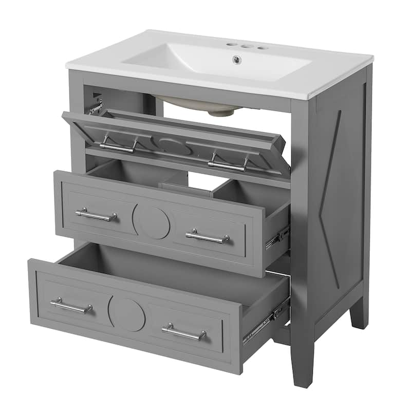 30" Bathroom Vanity with Ceramic Sink, Solid Wood Storage Cabinet, Freestanding 3-Drawer Vanity Set