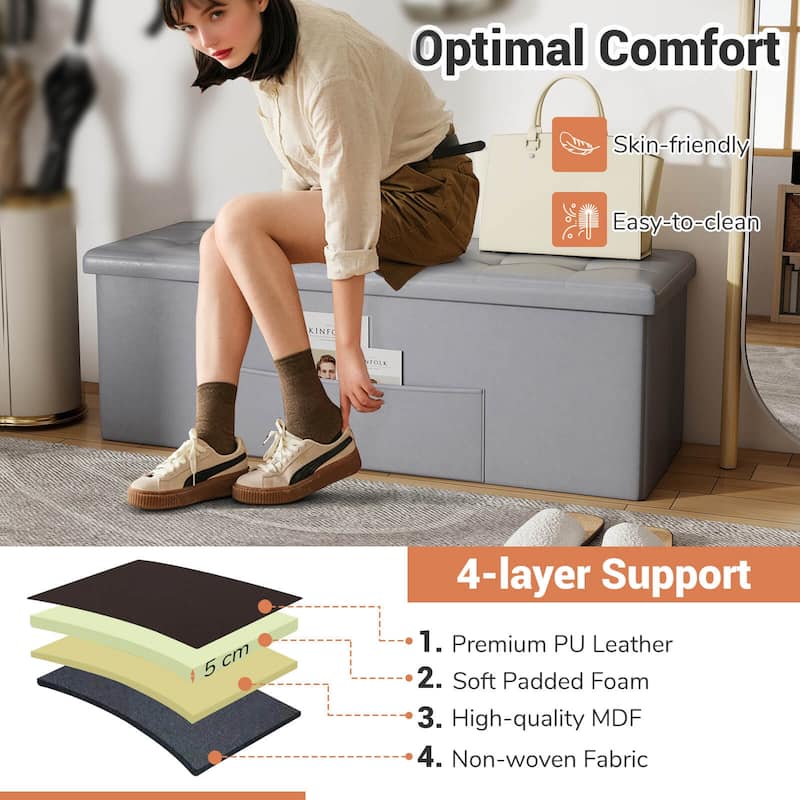 Costway 43 Inches Folding Storage Ottoman Bench with Side Pocket