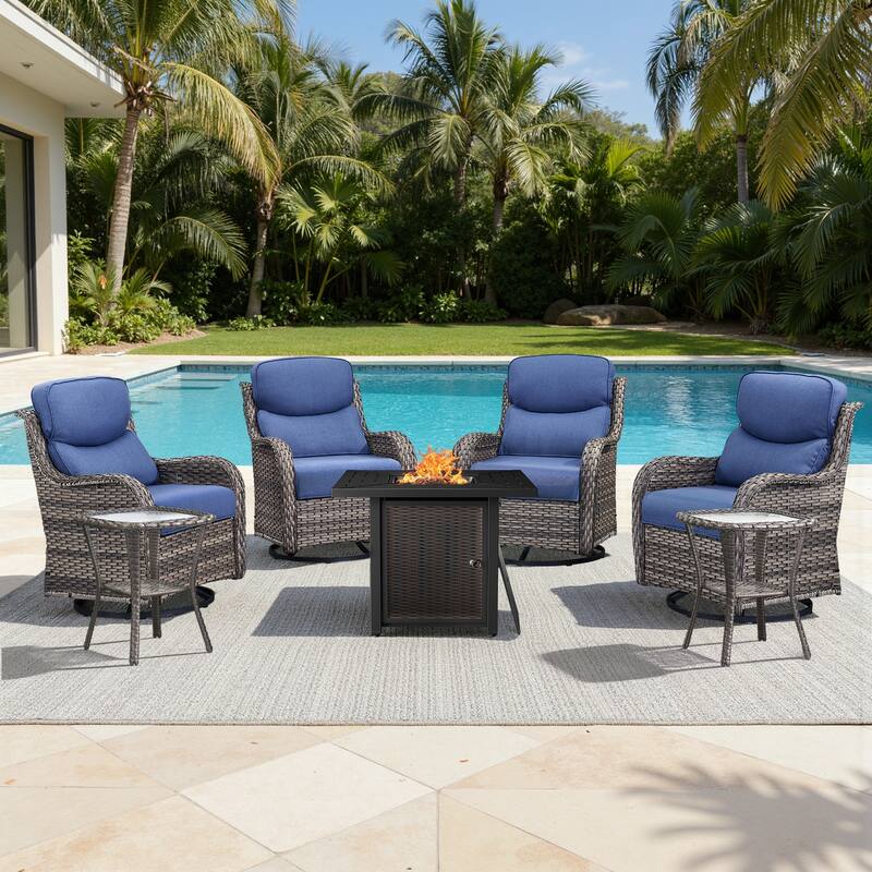 Meyreso 7-Piece Outdoor Patio Wicker Fire Pit 4 person Conversation Set with 5-Inch Thick Cushions