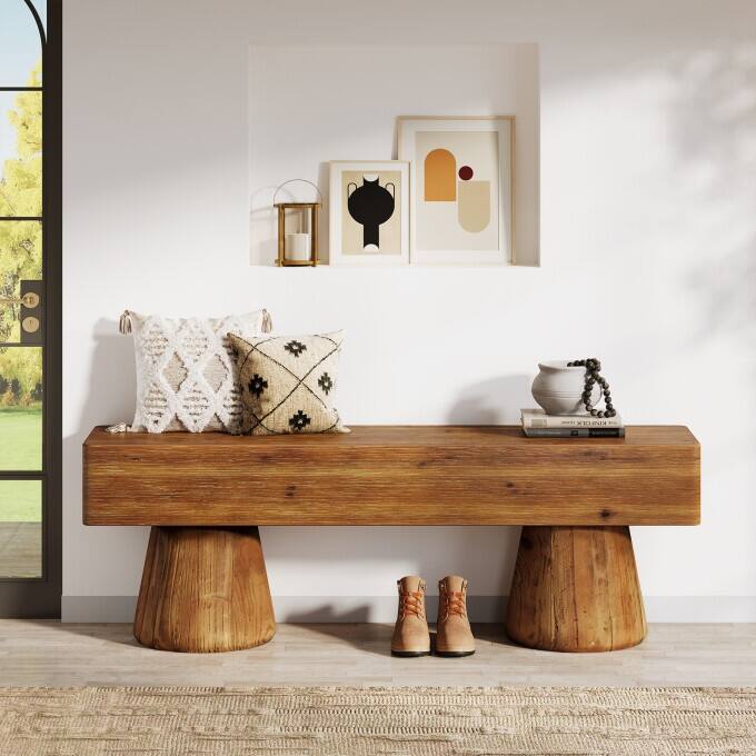 47" Solid Wood Entryway Shoe Bench, Farmhouse End of Bed Bench