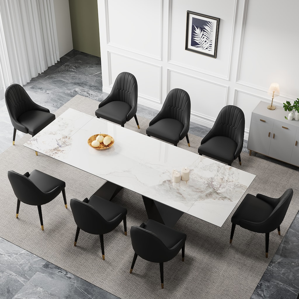 9 - Piece 110.24'' Extendable Sintered Stone Dining Table and 8 Leather Chairs Dining Set