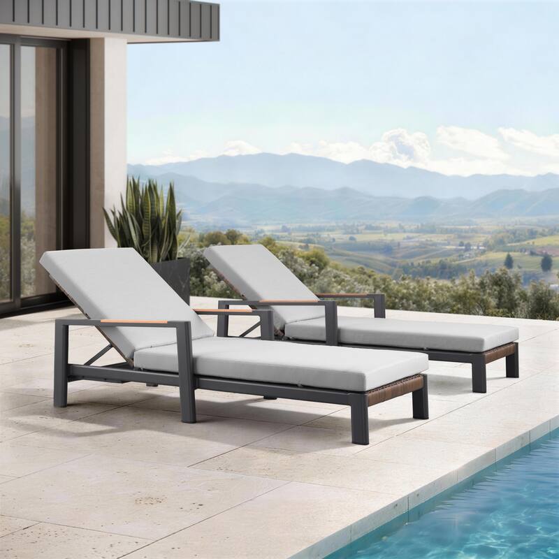 Arlo Teak & Wicker Aluminum Dual-Use Outdoor Chaise Lounge (Set of 2) - Black-Light Grey