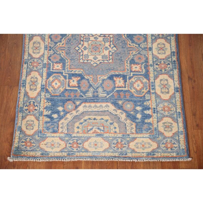 Blue Geometric Kazak Accent Rug Hand-Knotted Wool Carpet - 2'9" x 4'0"