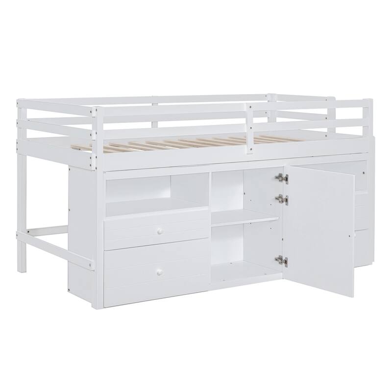 Twin Low Loft Bed with Guardrail, Drawers, Cabinet - White
