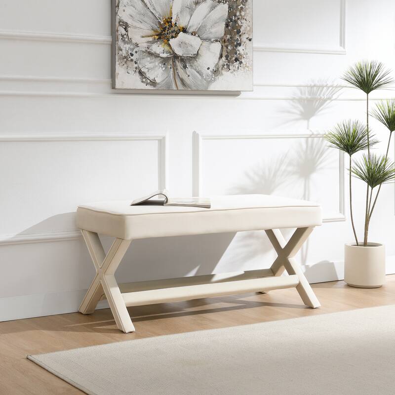 Comfort Double Bench Upholstered in Velvet Fabric,Stool with Stylish X-Crossed Legs,Comfort Cushion with Piping - Beige