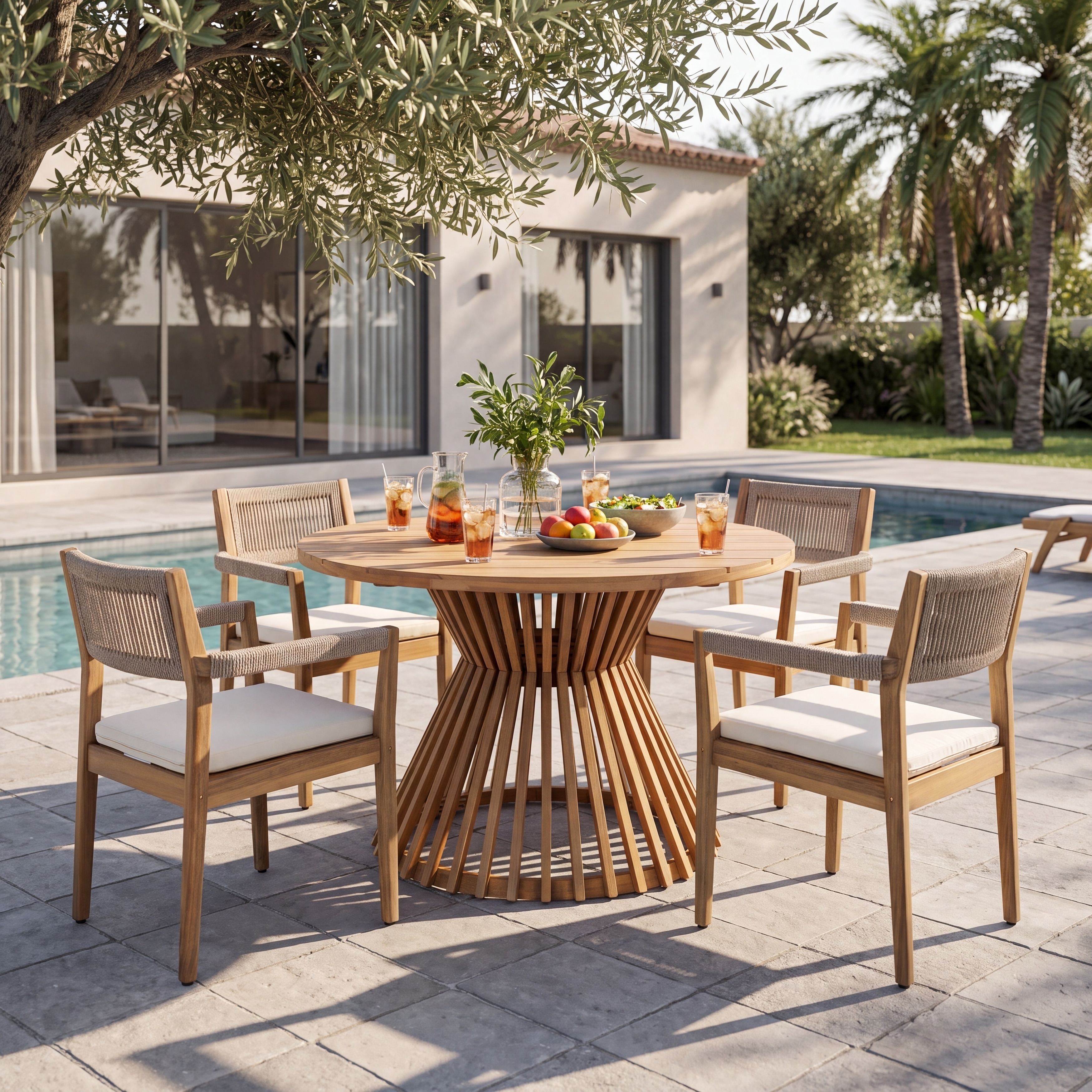 Christopher Knight Home - 5-Piece Modern Solid Acacia Wood Outdoor Dining Set with Round Table and Woven Rope Cushioned Chairs