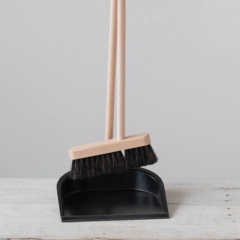 Beech Wood Broom and Standing Metal Dust Pan Set