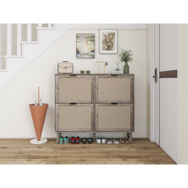 Elegant Shoe Cabinet with Double-Layer Doors,Sturdy Pine Legs and Adjustable Backplane