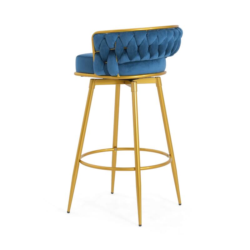 Modern Set of 2 Bar Stools with Velvet Padded Woven Backrest, Swivel Function, Metal Legs for Bar Counter Dining Room Café