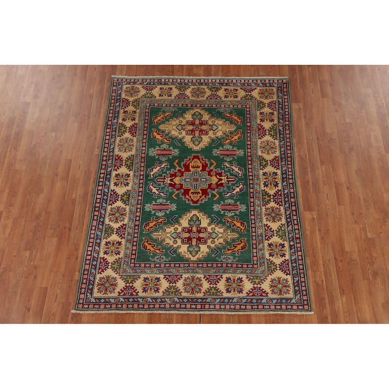 Green Geometric Kazak Oriental Area Rug Handmade Bedroom Wool Carpet - 5'0" x 6'7"