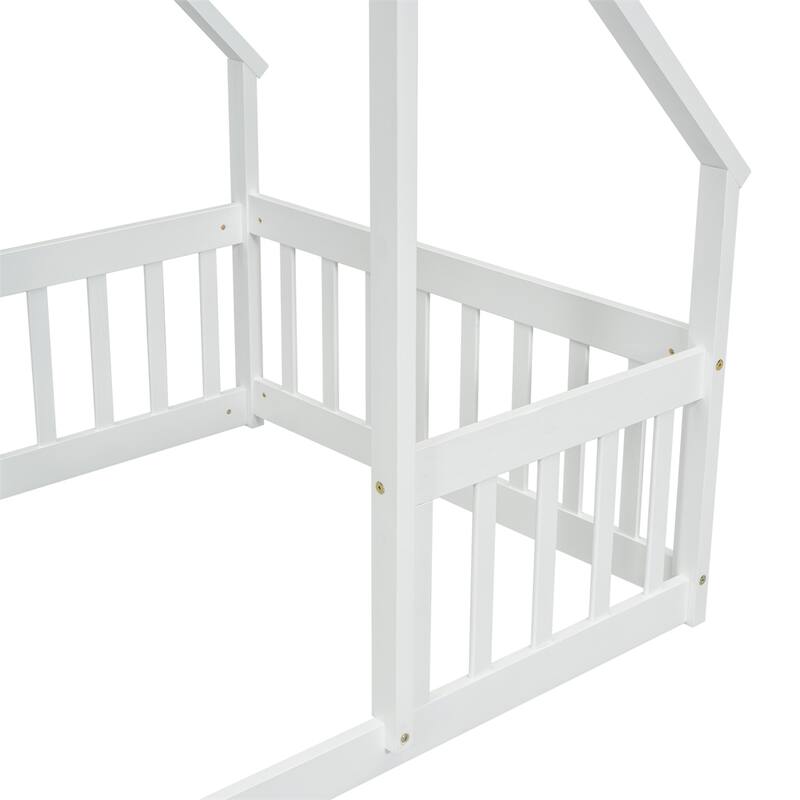 Twin Size Wood House Floor Bed with Fence and Guardrails