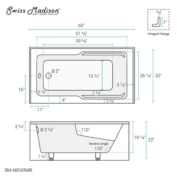 dimension image slide 12 of 20, Swiss Madison Voltaire, Acrylic White, Alcove, Integral Armrest, Bathtub with Apron