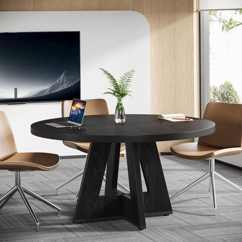 47" Round Conference Table Meeting Room Table with Thickened Top Wood Base Modern Training Desk for Conference/Seminar Room