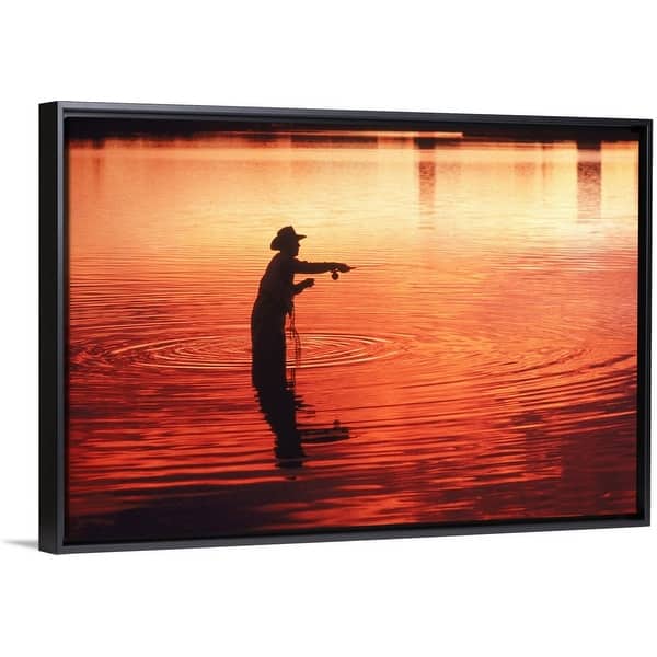 Fly fishing at sunrise (silhouette) Black Float Frame Canvas Art