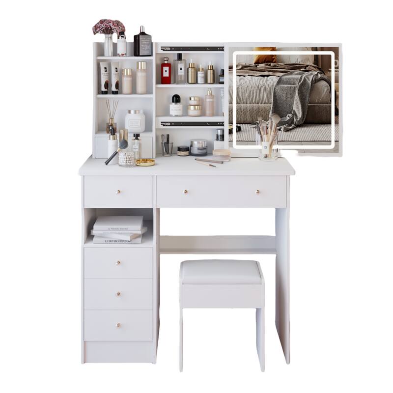37" Full-Size Vanity Set with Mirror, LED Lighting & Cushioned Stool