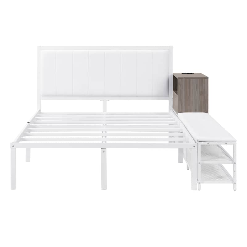Full size Metal Platform Bed with Two-Tier Storage Shelves, Wooden Storage Cabinet, White