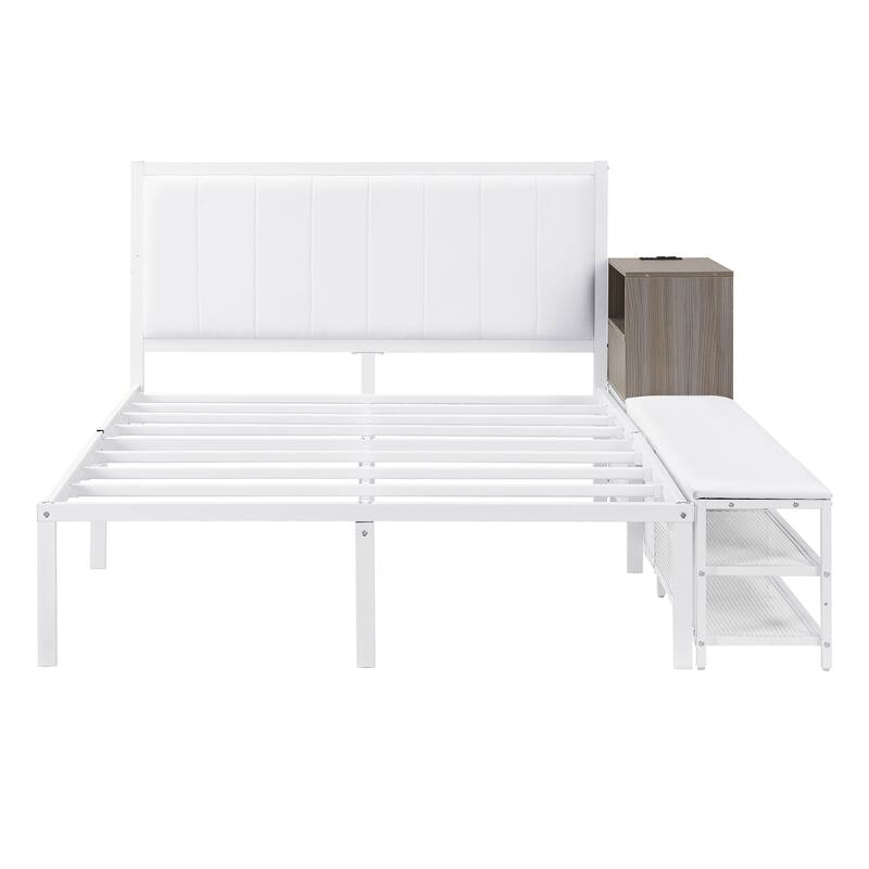 Metal Platform Bed with Two-Tier Storage Shelves, Wooden Storage Cabinet