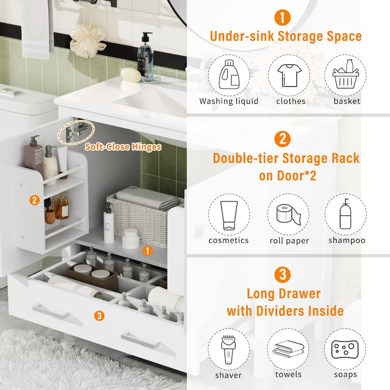 Bathroom Vanity with Ceramic Sink, Storage Cabinet with Soft-Close Doors and Drawer, Bathroom Vanities with Storage Shelves