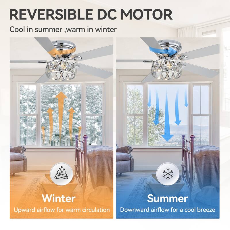 52" Flush Mount 5-Blade Modern Crystal Indoor Ceiling Fan with Light Kit and Remote