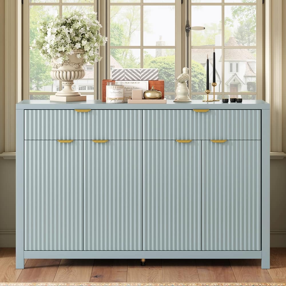 Wave-Pattern Decorate Sideboard, Wooden Kitchen Buffet Cabinet, Console Table with Adjustable Shelves, 2 Drawers & 4 Doors