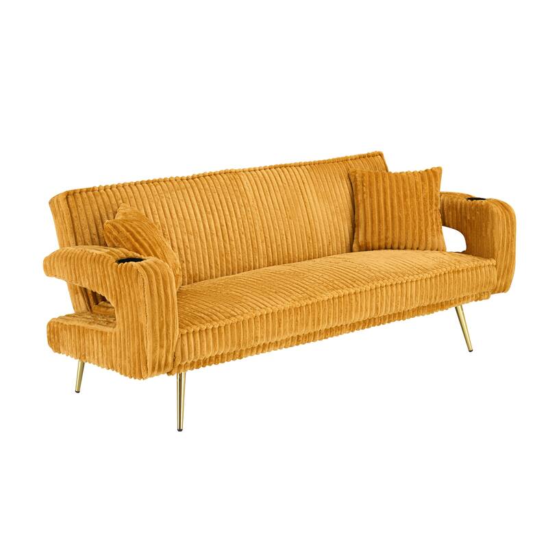 Straight-Row Corduroy Sofa With Throw Pillows, Featuring A Minimalist Style