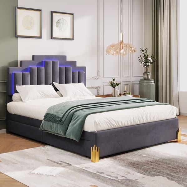 slide 2 of 9, Grey Velvet Queen Platform Bed with RGB LED Lights & Storage Drawers Queen - Gray
