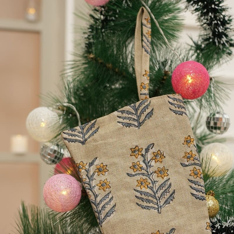 Fabdivine Hand Block Floral Print Christmas Knit Stockings, Home Decorative Gift Use - 16"X6.5"